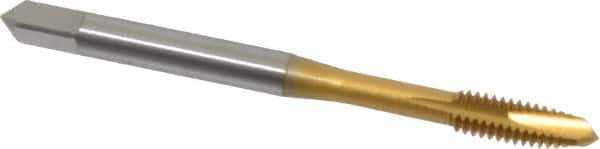 OSG - #8-32 UNC, 3 Flute, TiN Finish, Vanadium High Speed Steel Spiral Point Tap - Plug Chamfer, Right Hand Thread, 2-1/8" OAL, 3/4" Thread Length, 2B Class of Fit, Series 11015 - Exact Tool & Supply