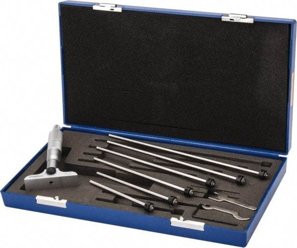 Fowler - 0 to 6" Range, 6 Rod, Mechanical Depth Micrometer - Ratchet Stop Thimble, 2-1/2" Base Length, 0.001" Graduation, 11/64" Rod Diam - Exact Tool & Supply