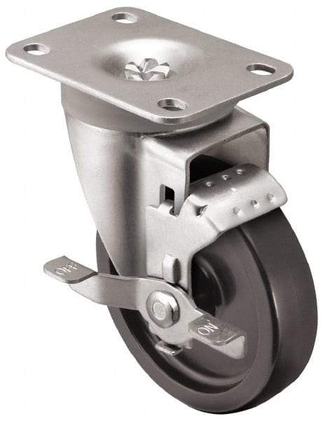 Shepherd - 3" Diam x 1-1/4" Wide x 4-1/4" OAH Top Plate Mount Swivel Caster with Brake - Polyolefin, 250 Lb Capacity, Plain Bearing, 2-5/8 x 3-3/4" Plate - Exact Tool & Supply