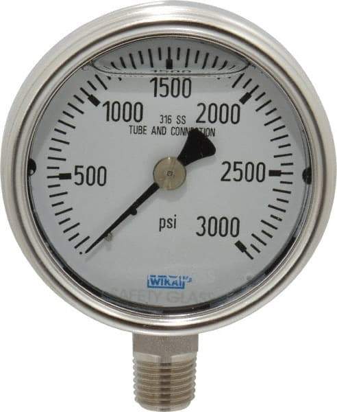 Wika - 2-1/2" Dial, 1/4 Thread, 0-3,000 Scale Range, Pressure Gauge - Lower Connection Mount, Accurate to 2-1-2% of Scale - Exact Tool & Supply