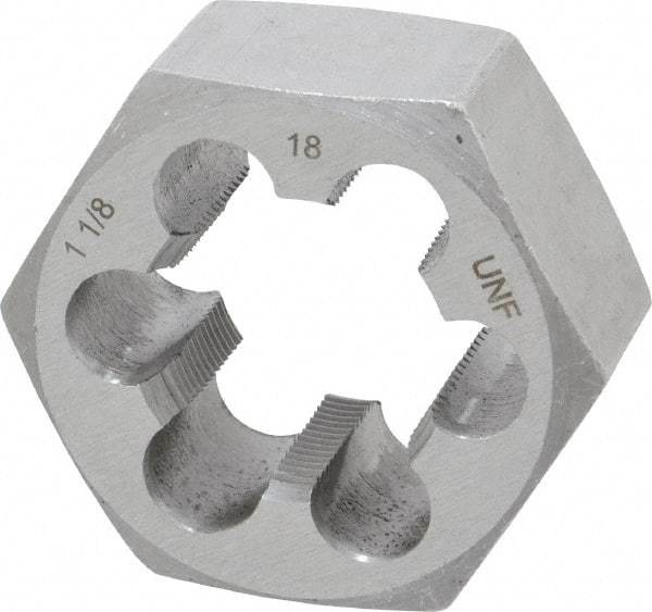 Interstate - 1-1/8 - 18 UNEF Thread, 2" Hex, Right Hand Thread, Hex Rethreading Die - Carbon Steel, 1" Thick - Exact Tool & Supply