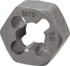 Interstate - M10x1.00 Metric Fine Thread, 25/32" Hex, Right Hand Thread, Hex Rethreading Die - Carbon Steel, 7/16" Thick - Exact Tool & Supply