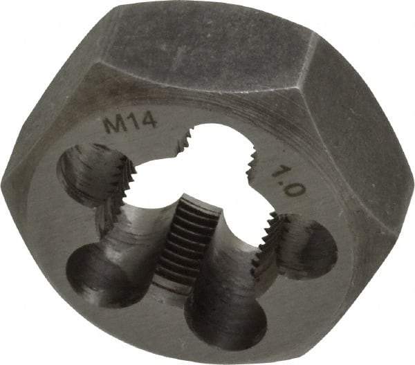 Interstate - M14x1.00 Metric Fine Thread, 1-1/16" Hex, Right Hand Thread, Hex Rethreading Die - Carbon Steel, 1/2" Thick - Exact Tool & Supply