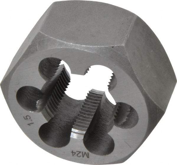 Interstate - M24x1.50 Metric Fine Thread, 1-13/16" Hex, Right Hand Thread, Hex Rethreading Die - Carbon Steel, 1" Thick - Exact Tool & Supply