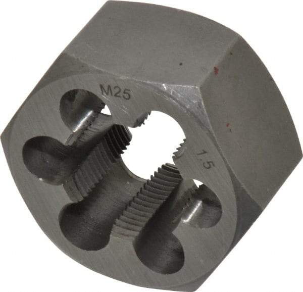Interstate - M25x1.50 Metric Fine Thread, 1-13/16" Hex, Right Hand Thread, Hex Rethreading Die - Carbon Steel, 1" Thick - Exact Tool & Supply