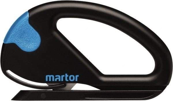 Martor USA - Fixed Safety Cutter - 1-11/16" Carbon Steel Blade, Black & Blue Polycarbonate Handle, 1 Blade Included - Exact Tool & Supply