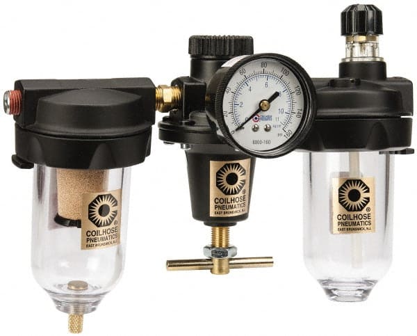Coilhose Pneumatics - 1/4 NPT Heavy-Duty 3 Pc Filter-Regulator-Lubricator FRL Unit with Pressure Gauge - Exact Tool & Supply