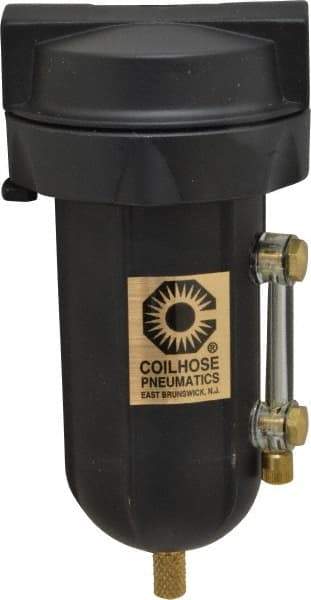 Coilhose Pneumatics - 1/4" Port, 5" High, FRL Filter with Aluminum Bowl & Manual Drain - 250 Max psi, 250°F Max, 4 oz Bowl Capacity - Exact Tool & Supply