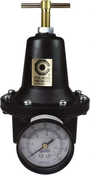 Coilhose Pneumatics - 1/4 NPT Port, 40 CFM, Cast Aluminum Heavy-Duty T-Handle Regulator - 0 to 125 psi Range, 250 Max psi Supply Pressure, 1/4" Gauge Port Thread, 3" Wide x 5-1/2" High - Exact Tool & Supply