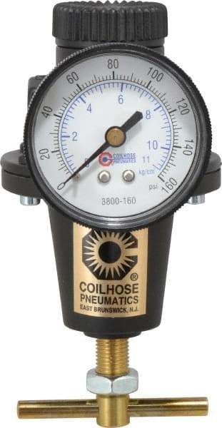 Coilhose Pneumatics - 3/8 NPT Port, 40 CFM, Cast Aluminum Heavy-Duty T-Handle Regulator - 0 to 125 psi Range, 250 Max psi Supply Pressure, 1/4" Gauge Port Thread, 3" Wide x 5-1/2" High - Exact Tool & Supply