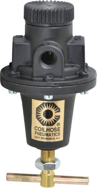 Coilhose Pneumatics - 3/8 NPT Port, 40 CFM, Cast Aluminum Heavy-Duty T-Handle Regulator - 0 to 125 psi Range, 250 Max psi Supply Pressure, 1/4" Gauge Port Thread, 3" Wide x 5-1/2" High - Exact Tool & Supply