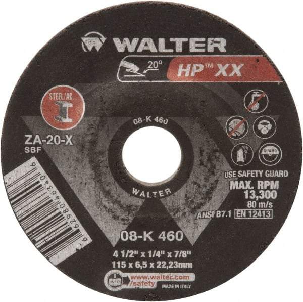 WALTER Surface Technologies - 20 Grit, 4-1/2" Wheel Diam, 1/4" Wheel Thickness, Type 27 Depressed Center Wheel - Aluminum Oxide, 13,300 Max RPM - Exact Tool & Supply