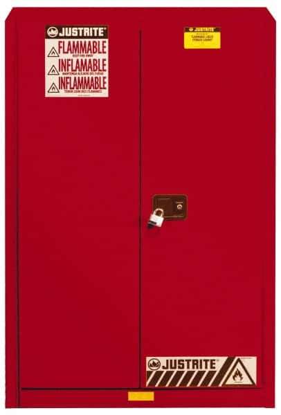 Justrite - 2 Door, 5 Shelf, Red Steel Standard Safety Cabinet for Flammable and Combustible Liquids - 65" High x 43" Wide x 18" Deep, Manual Closing Door, 3 Point Key Lock, 60 Gal Capacity - Exact Tool & Supply