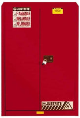 Justrite - 2 Door, 5 Shelf, Red Steel Standard Safety Cabinet for Flammable and Combustible Liquids - 65" High x 43" Wide x 18" Deep, Manual Closing Door, 3 Point Key Lock, 60 Gal Capacity - Exact Tool & Supply