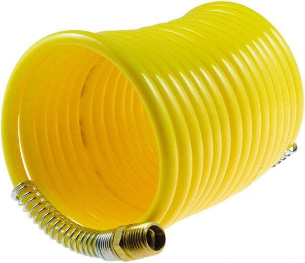 Coilhose Pneumatics - 1/4" ID, 1/4 Thread, 25' Long, Yellow Nylon Coiled & Self Storing Hose - 185 Max psi, Male Swivel x Male Swivel - Exact Tool & Supply