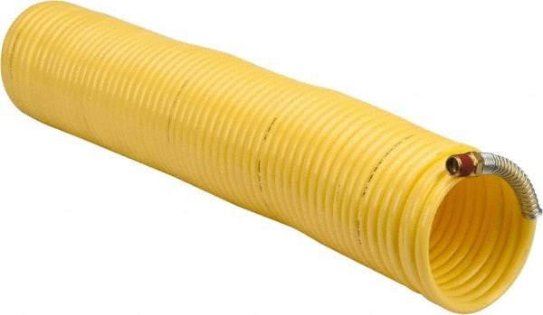 Coilhose Pneumatics - 1/4" ID, 1/4 Thread, 50' Long, Yellow Nylon Coiled & Self Storing Hose - 185 Max psi, Male Swivel x Male Swivel - Exact Tool & Supply