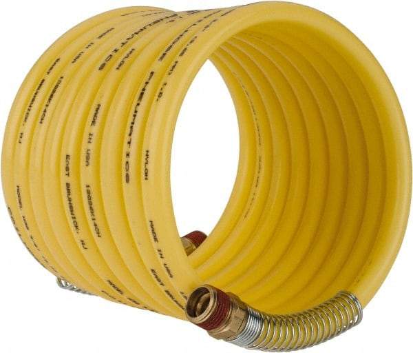 Coilhose Pneumatics - 3/8" ID, 3/8 Thread, 12' Long, Yellow Nylon Coiled & Self Storing Hose - 165 Max psi, Male Swivel x Male Swivel - Exact Tool & Supply