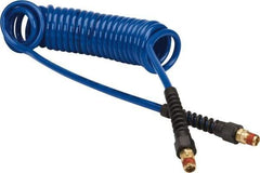 Coilhose Pneumatics - 1/4" ID, 1/4 Thread, 15' Long, Dark Blue Polyurethane Coiled & Self Storing Hose - 125 Max psi, Male Swivel x Male Swivel with Strain Relief - Exact Tool & Supply