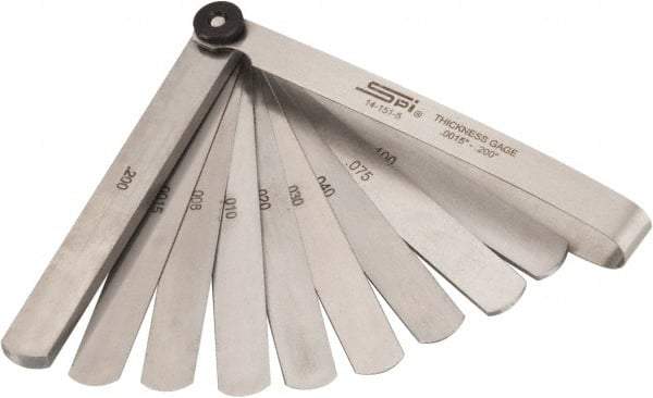 SPI - 13 Piece, 0.0015 to 0.2" Thick, Parallel Feeler Gage Set - 4-1/4" Leaf Length, 1/2" Wide, Tempered Steel - Exact Tool & Supply