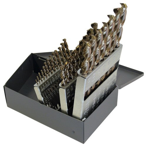 ‎1/16-1/2 RHS / RHC HSS-CO 8% (M42) 135 Degree Split Point Q-Cobalt™ Wide Land Parabolic Jobber Length Drill Set - Straw / Gold Oxide - Exact Tool & Supply
