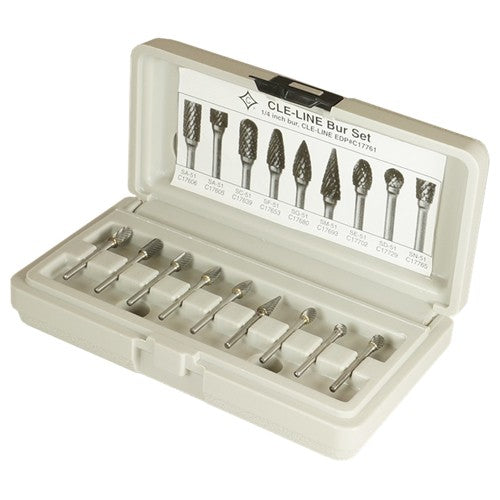9 Piece Solid Carbide Bur Set - Includes: SA–51, SA–51–2, SC–51, SF–51, SG–51, SM–51, SE–51, SD–51, SN–51 - Exact Tool & Supply
