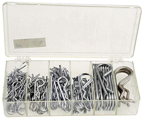 Precision Brand - 150 Piece, 1/16 to 3/16" Pin Diam, Hitch Pin Assortment - 1-9/16 to 3-1/4" Long, Steel - Exact Tool & Supply