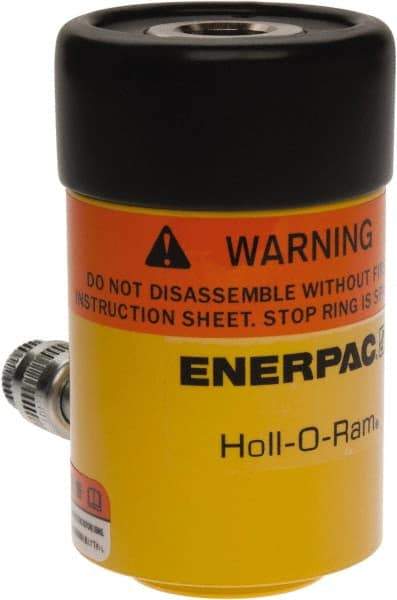 Enerpac - 12 Ton, 1.63" Stroke, 4.49 Cu In Oil Capacity, Portable Hydraulic Hollow Hole Cylinder - 2.76 Sq In Effective Area, 4.75" Lowered Ht., 6.38" Max Ht., 2.13" Cyl Bore Diam, 1.38" Plunger Rod Diam, 10,000 Max psi - Exact Tool & Supply
