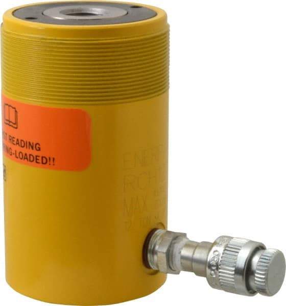 Enerpac - 12 Ton, 1.63" Stroke, 4.49 Cu In Oil Capacity, Portable Hydraulic Hollow Hole Cylinder - 2.76 Sq In Effective Area, 4.75" Lowered Ht., 6.38" Max Ht., 2.13" Cyl Bore Diam, 1.38" Plunger Rod Diam, 10,000 Max psi - Exact Tool & Supply