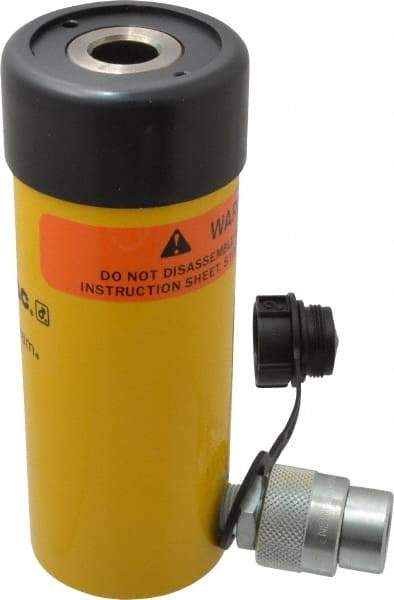 Enerpac - 12 Ton, 3" Stroke, 8.29 Cu In Oil Capacity, Portable Hydraulic Hollow Hole Cylinder - 2.76 Sq In Effective Area, 7.25" Lowered Ht., 10.25" Max Ht., 2.13" Cyl Bore Diam, 1.38" Plunger Rod Diam, 10,000 Max psi - Exact Tool & Supply