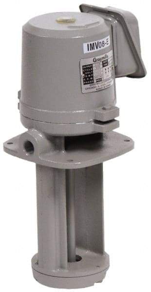 Graymills - 230/460 Volt, 3/4 hp, 3 Phase, 3,450 RPM, Cast Iron Immersion Machine Tool & Recirculating Pump - 45 GPM, 52 psi, 7-1/2" Long x 7-1/2" Mounting Flange Width, 21-1/16" Overall Height, Metric Thread, Aluminum Impeller - Exact Tool & Supply