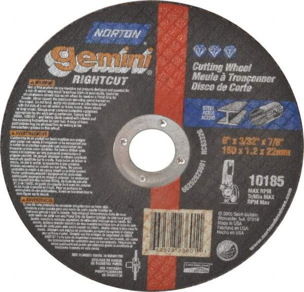 Norton - 6" Aluminum Oxide Cutoff Wheel - 3/32" Thick, 7/8" Arbor, 10,185 Max RPM, Use with Angle Grinders - Exact Tool & Supply