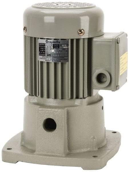 Graymills - 230/460 Volt, 1/2 hp, 3 Phase, 3,450 RPM, Cast Iron Suction Machine Tool & Recirculating Pump - 32 GPM, 3/4" Inlet, 42 psi, 8-1/2" Long x 7-3/8" Mounting Flange Width, 11-1/32" Overall Height, Metric Thread, Aluminum Impeller - Exact Tool & Supply