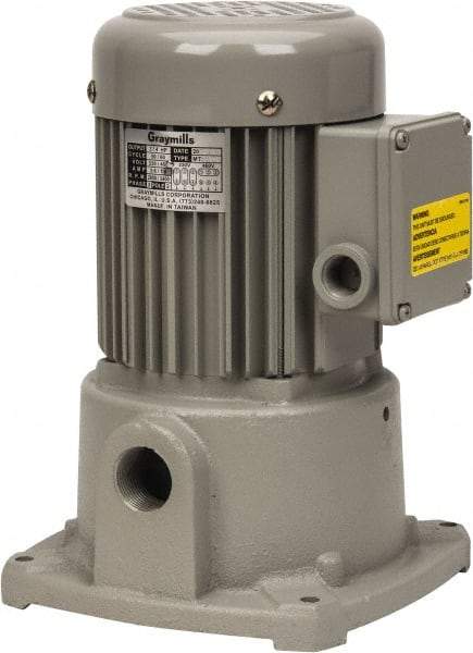 Graymills - 230/460 Volt, 3/4 hp, 3 Phase, 3,450 RPM, Cast Iron Suction Machine Tool & Recirculating Pump - 43 GPM, 1" Inlet, 52 psi, 8" Long x 8" Mounting Flange Width, 11-13/16" Overall Height, Metric Thread, Aluminum Impeller - Exact Tool & Supply