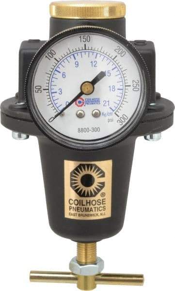 Coilhose Pneumatics - 1/2 NPT Port, 80 CFM, Cast Aluminum Heavy-Duty T-Handle Regulator - 0 to 200 psi Range, 250 Max psi Supply Pressure, 1/4" Gauge Port Thread, 4" Wide x 7" High - Exact Tool & Supply