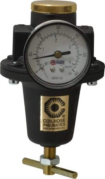 Coilhose Pneumatics - 1/2 NPT Port, 80 CFM, Cast Aluminum Heavy-Duty T-Handle Regulator - 0 to 60 psi Range, 250 Max psi Supply Pressure, 1/4" Gauge Port Thread, 4" Wide x 7" High - Exact Tool & Supply