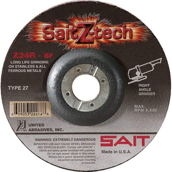 Sait - 24 Grit, 5" Wheel Diam, 1/4" Wheel Thickness, 7/8" Arbor Hole, Type 27 Depressed Center Wheel - Zirconia Alumina, Resinoid Bond, R Hardness, 12,200 Max RPM, Compatible with Angle Grinder - Exact Tool & Supply