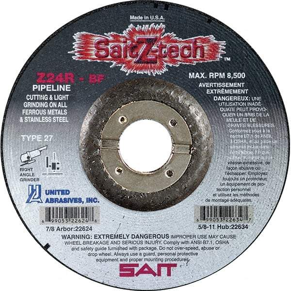 Sait - 24 Grit, 7" Wheel Diam, 1/8" Wheel Thickness, 7/8" Arbor Hole, Type 27 Depressed Center Wheel - Zirconia Alumina, Resinoid Bond, R Hardness, 8,500 Max RPM, Compatible with Angle Grinder - Exact Tool & Supply
