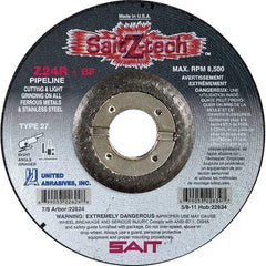 Sait - 24 Grit, 4-1/2" Wheel Diam, 1/8" Wheel Thickness, 7/8" Arbor Hole, Type 27 Depressed Center Wheel - Zirconia Alumina, Resinoid Bond, R Hardness, 13,300 Max RPM, Compatible with Angle Grinder - Exact Tool & Supply