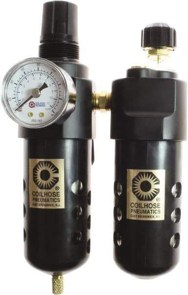 Coilhose Pneumatics - 1/4" NPT Port Compact 2 Piece Filter/Regulator-Lubricator FRL Unit - Polycarbonate Bowl, 48 SCFM, 150 Max psi, 8" High, Automatic Drain - Exact Tool & Supply
