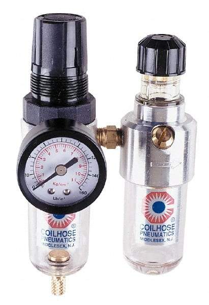 Coilhose Pneumatics - 1/8" NPT Port Miniature 2 Piece Filter/Regulator-Lubricator FRL Unit - Polycarbonate Bowl, 25 SCFM, 150 Max psi, 6" High, Manual Drain - Exact Tool & Supply