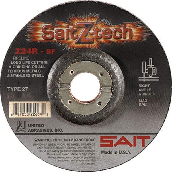 Sait - 24 Grit, 4-1/2" Wheel Diam, 3/32" Wheel Thickness, 7/8" Arbor Hole, Type 27 Depressed Center Wheel - Zirconia Alumina, Resinoid Bond, R Hardness, 13,300 Max RPM, Compatible with Angle Grinder - Exact Tool & Supply