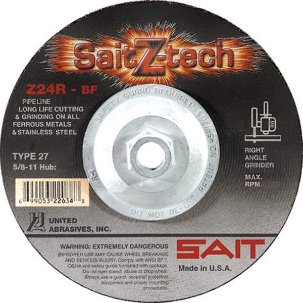 Sait - 24 Grit, 4-1/2" Wheel Diam, 3/32" Wheel Thickness, Type 27 Depressed Center Wheel - Zirconia Alumina, Resinoid Bond, R Hardness, 13,300 Max RPM, Compatible with Angle Grinder - Exact Tool & Supply