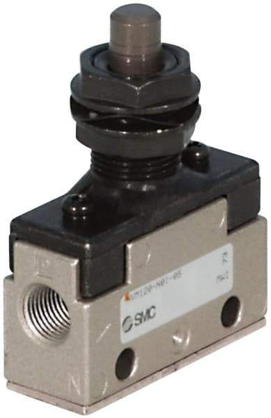 SMC PNEUMATICS - 0.55 CV Rate, 1/8" NPT Inlet Mechanical Valve - 4 Way, 5 Ports, Push Button Flush - Exact Tool & Supply