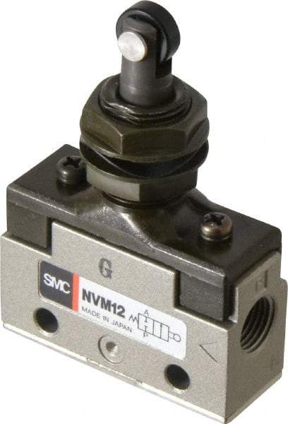 SMC PNEUMATICS - 0.14 CV Rate, 1/8" NPT Inlet Mechanical Valve - 2 Way, 2 Ports, Roller Plunger Inline - Exact Tool & Supply