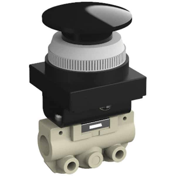 SMC PNEUMATICS - 0.14 CV Rate, 1/8" NPT Inlet Mechanical Valve - 2 Way, 2 Ports, Push Button Mushroom - Exact Tool & Supply