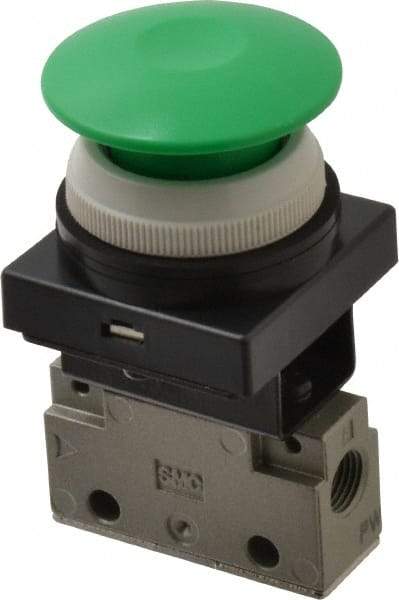 SMC PNEUMATICS - 0.14 CV Rate, 1/8" NPT Inlet Mechanical Valve - 2 Way, 2 Ports, Push Button Mushroom - Exact Tool & Supply