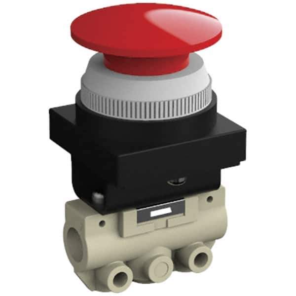 SMC PNEUMATICS - 0.14 CV Rate, 1/8" NPT Inlet Mechanical Valve - 2 Way, 2 Ports, Push Button Mushroom - Exact Tool & Supply