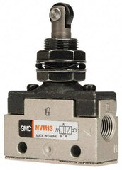 SMC PNEUMATICS - 0.14 CV Rate, 1/8" NPT Inlet Mechanical Valve - 3 Way, 2 Ports, Plunger Roller Plunger Inline - Exact Tool & Supply
