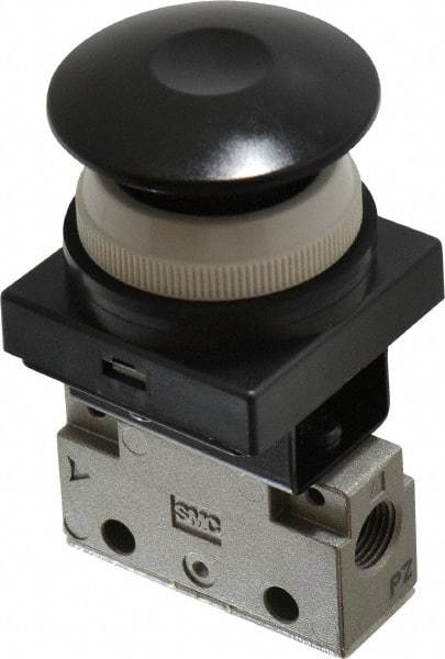 SMC PNEUMATICS - 0.14 CV Rate, 1/8" NPT Inlet Mechanical Valve - 3 Way, 2 Ports, Push Button Mushroom - Exact Tool & Supply