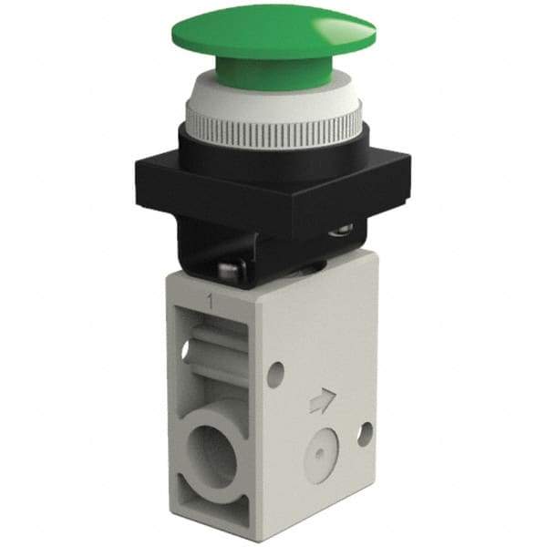 SMC PNEUMATICS - 1.00 CV Rate, 1/4" NPT Inlet Mechanical Valve - 3 Way, 2 Ports, Push Button Mushroom - Exact Tool & Supply